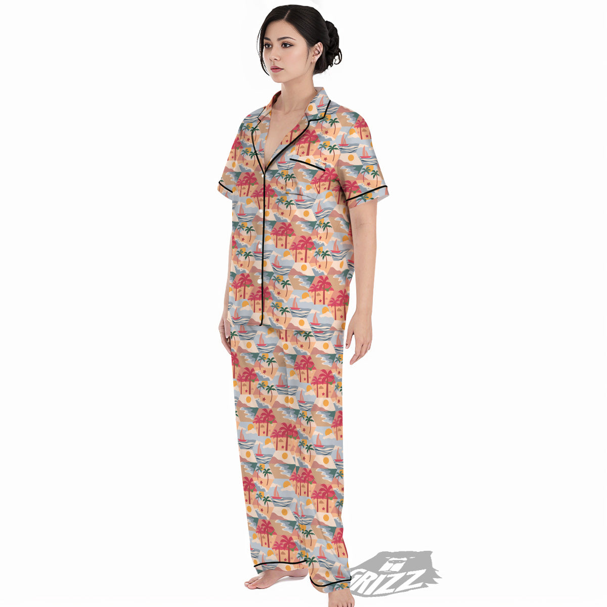 Patchwork Beach And Sunset Sky Print Pattern Women's Pajamas Set-grizzshop