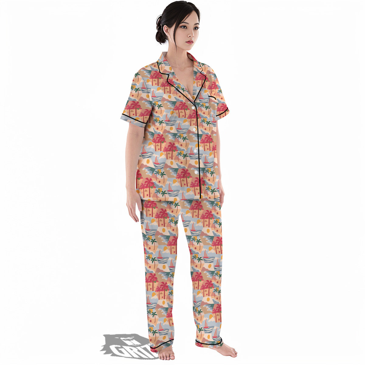 Patchwork Beach And Sunset Sky Print Pattern Women's Pajamas Set-grizzshop