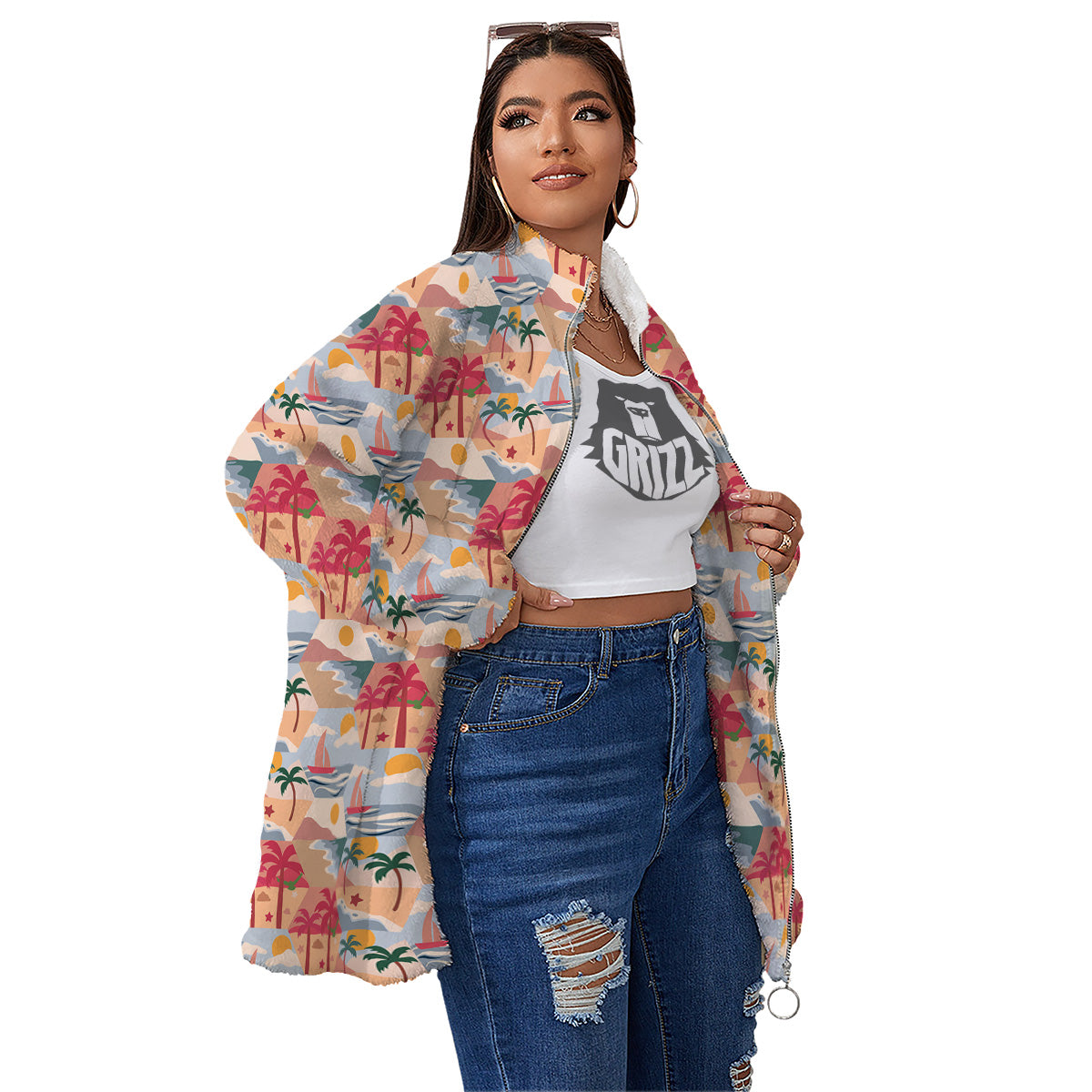 Patchwork Beach And Sunset Sky Print Pattern Women's Sherpa Jacket-grizzshop