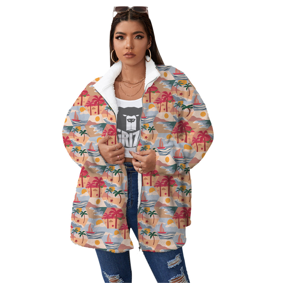 Patchwork Beach And Sunset Sky Print Pattern Women's Sherpa Jacket-grizzshop