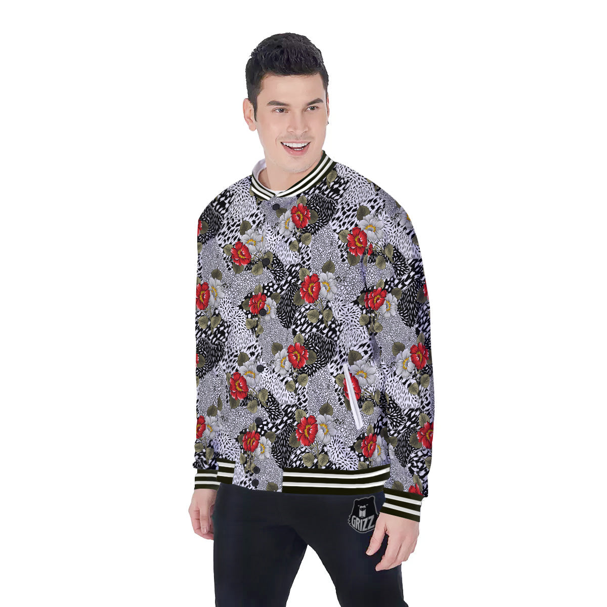 Patchwork Black White And Floral Print Pattern Baseball Jacket-grizzshop