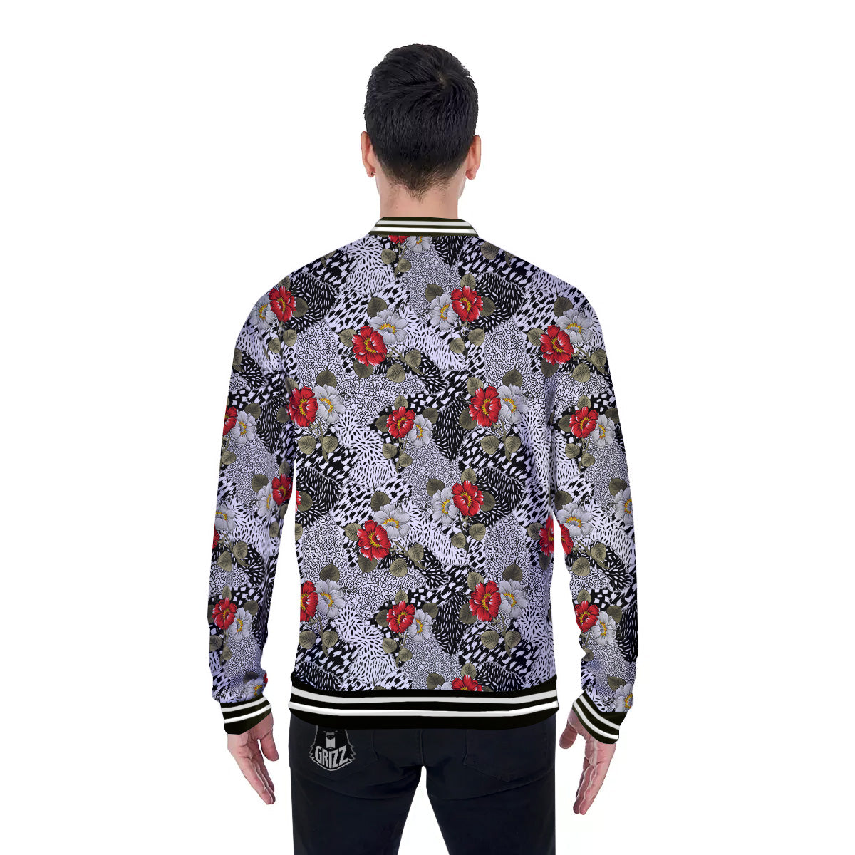 Patchwork Black White And Floral Print Pattern Baseball Jacket-grizzshop