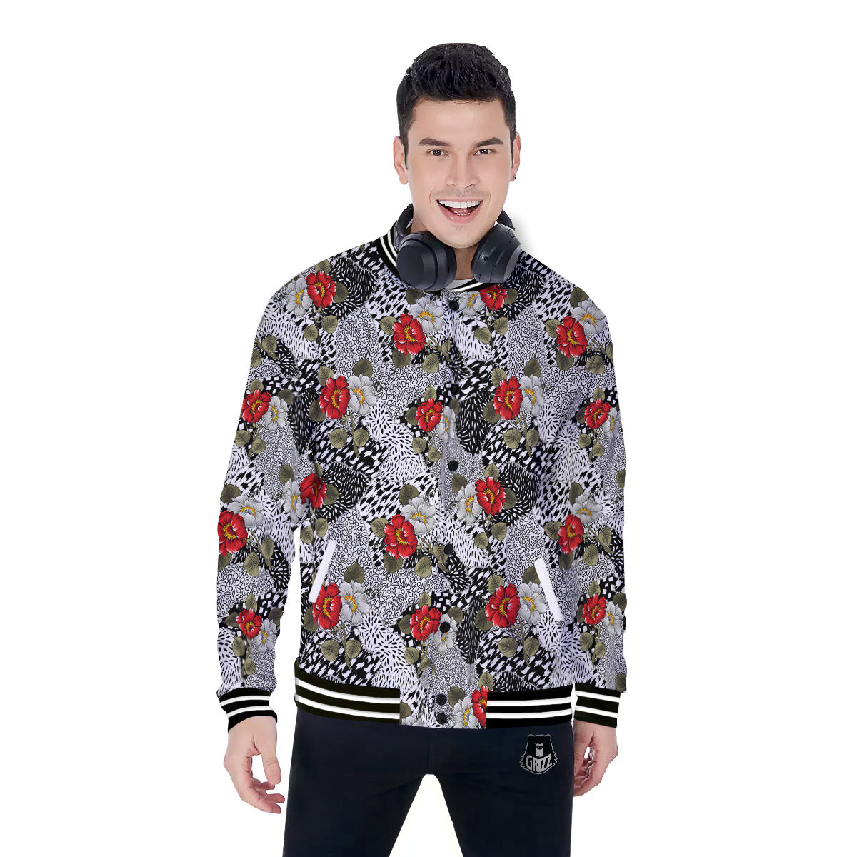 Patchwork Black White And Floral Print Pattern Baseball Jacket-grizzshop