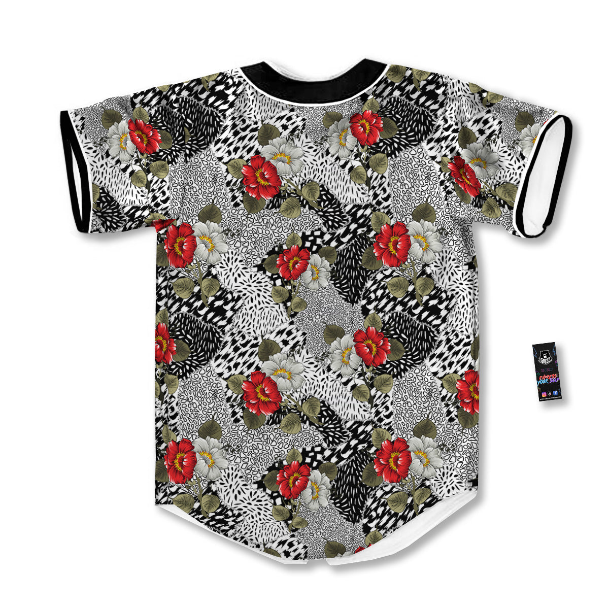 Patchwork Black White And Floral Print Pattern Baseball Jersey-grizzshop
