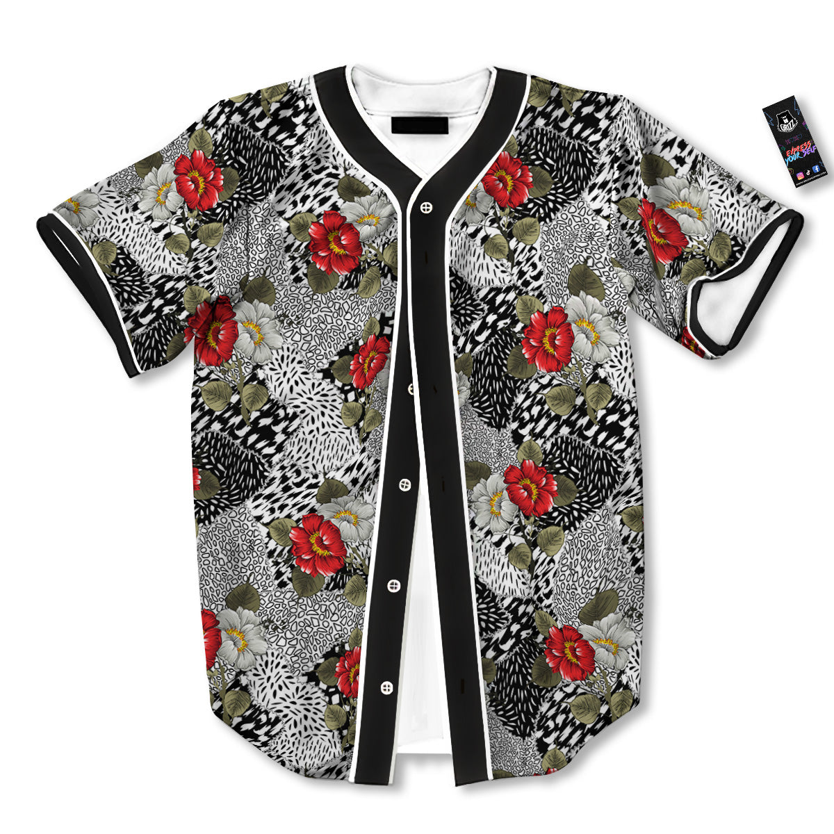 Patchwork Black White And Floral Print Pattern Baseball Jersey-grizzshop