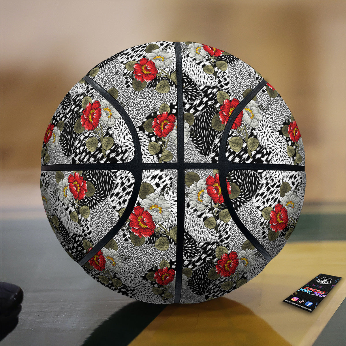 Patchwork Black White And Floral Print Pattern Basketball-grizzshop