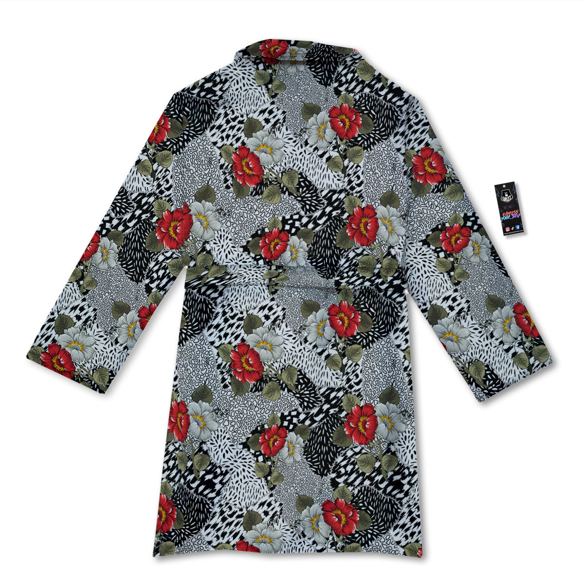 Patchwork Black White And Floral Print Pattern Bathrobe-grizzshop