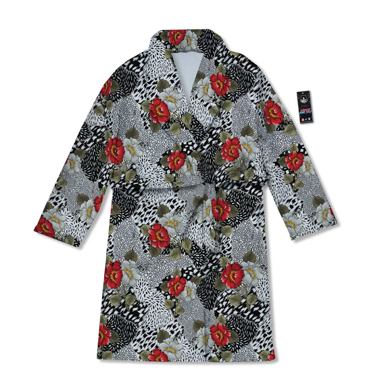 Patchwork Black White And Floral Print Pattern Bathrobe-grizzshop