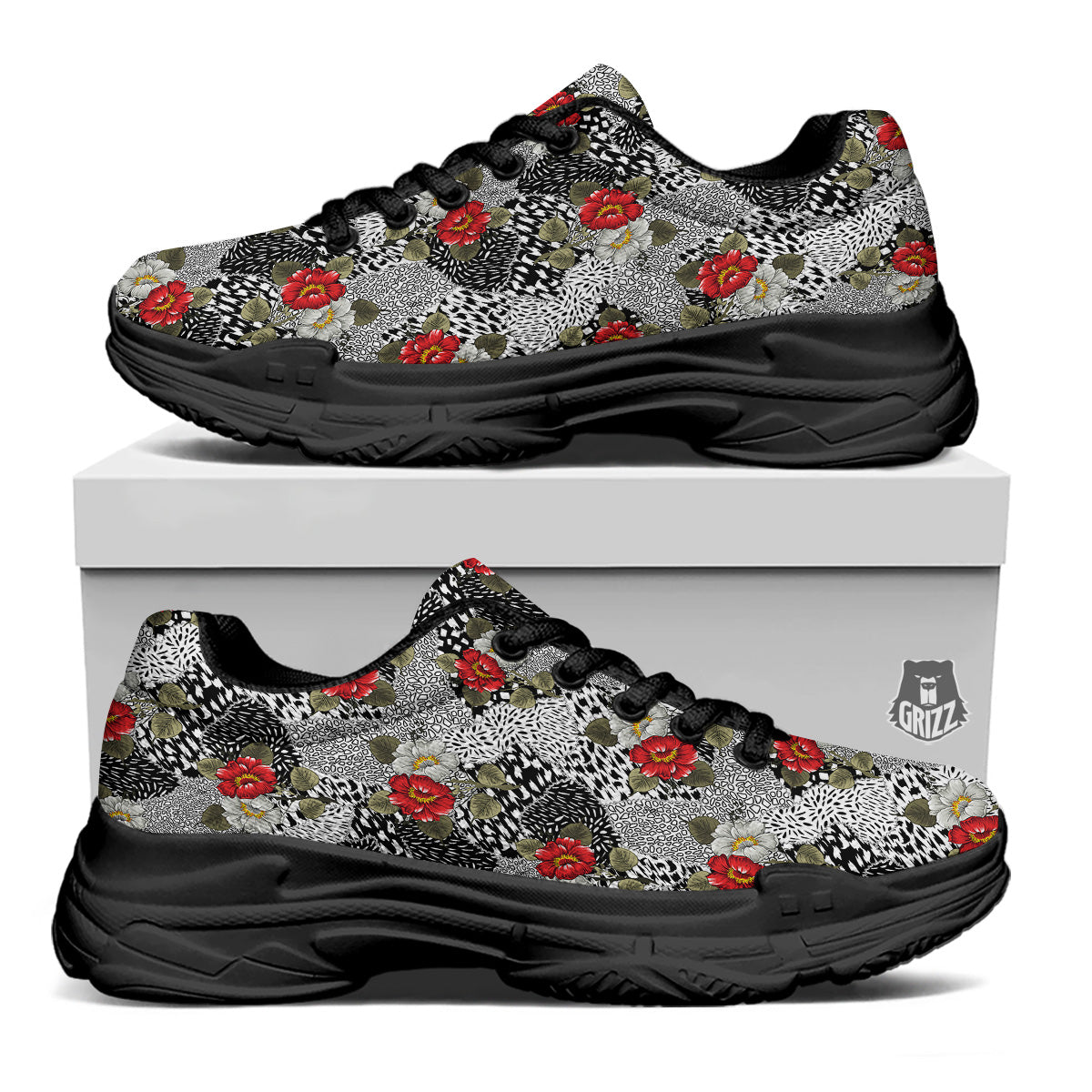 Patchwork Black White And Floral Print Pattern Black Chunky Shoes-grizzshop