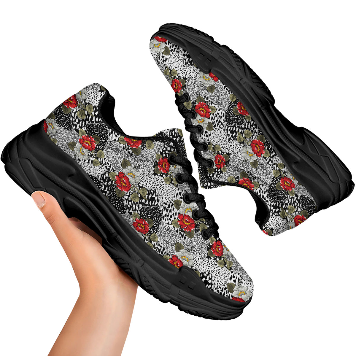 Patchwork Black White And Floral Print Pattern Black Chunky Shoes-grizzshop