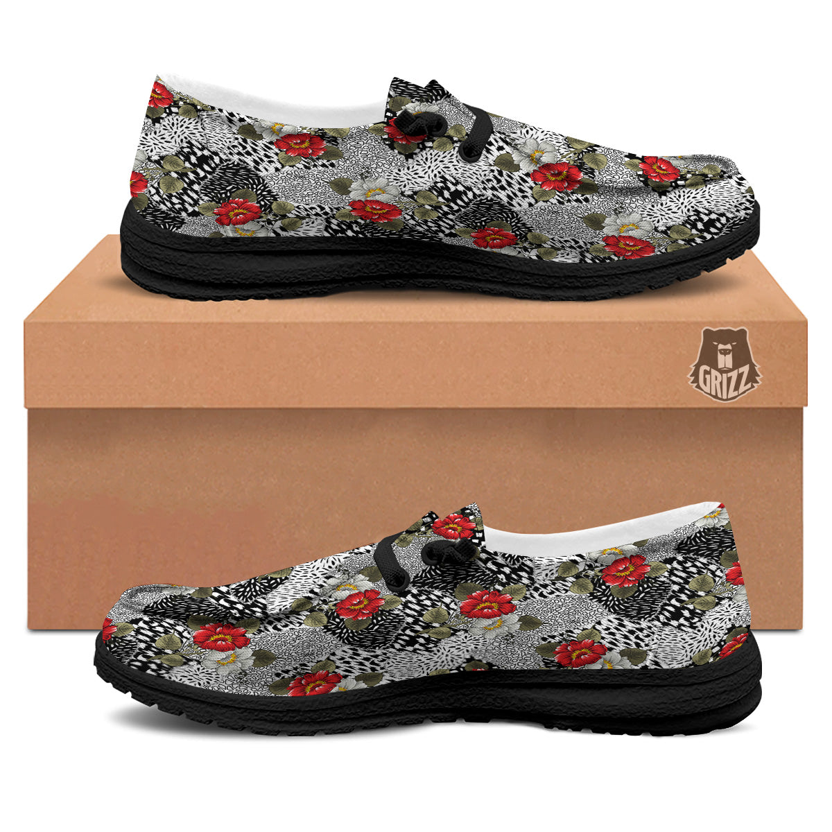 Patchwork Black White And Floral Print Pattern Black Loafers-grizzshop