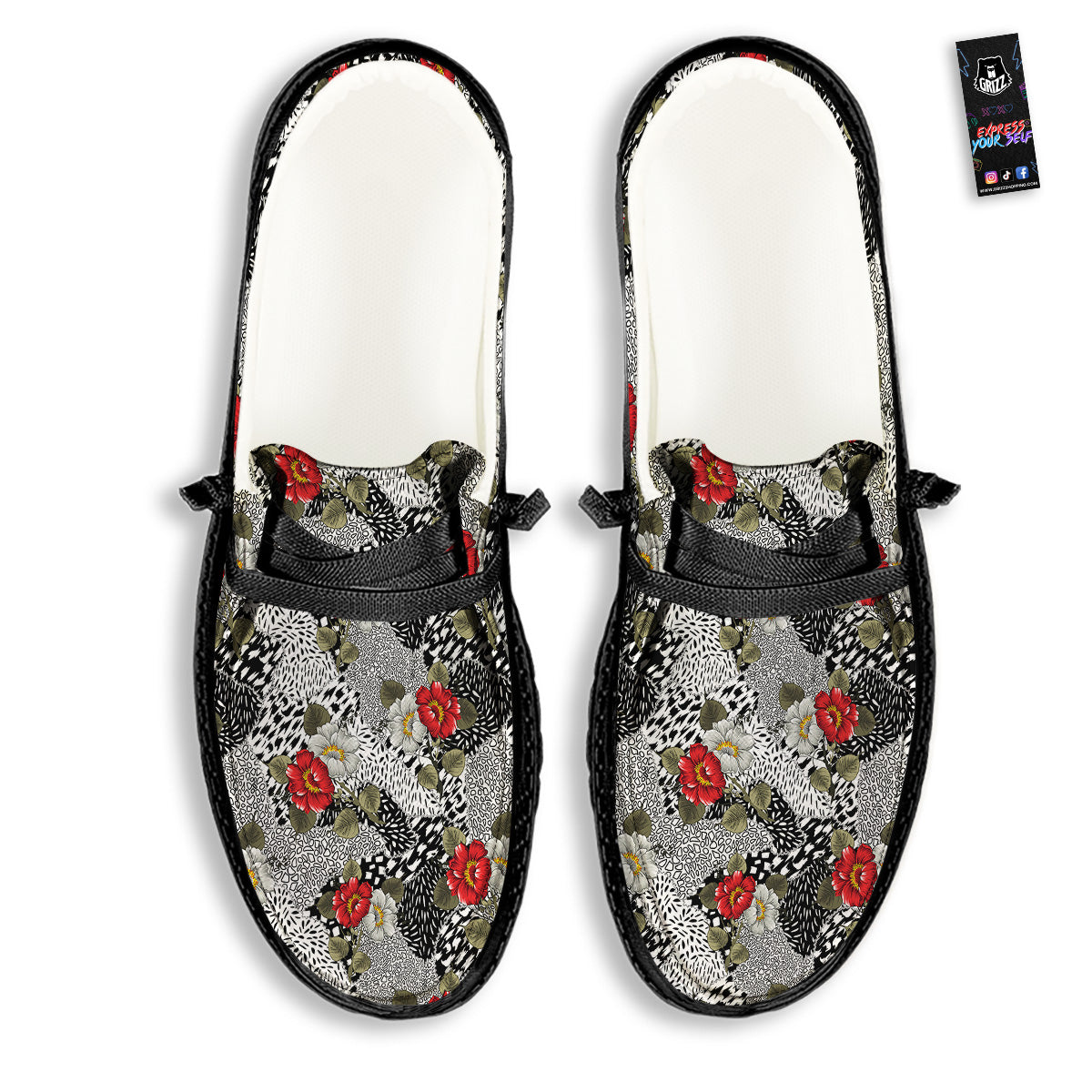 Patchwork Black White And Floral Print Pattern Black Loafers-grizzshop