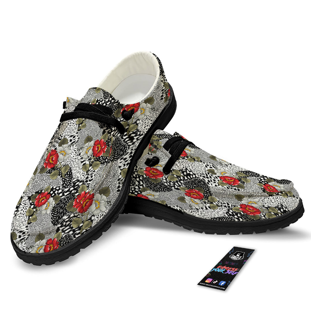 Patchwork Black White And Floral Print Pattern Black Loafers-grizzshop