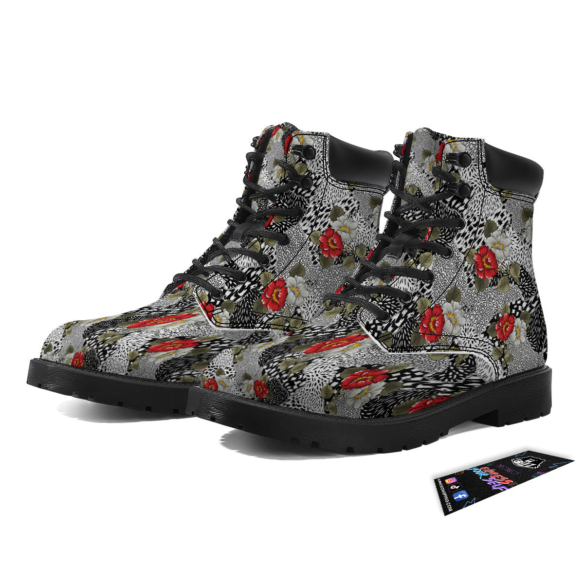 Patchwork Black White And Floral Print Pattern Boots-grizzshop