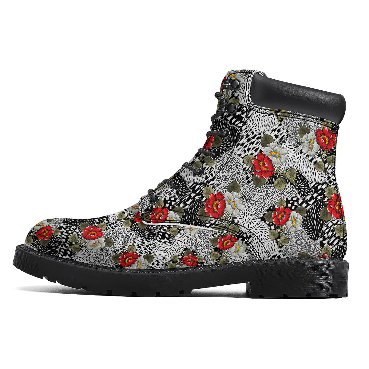 Patchwork Black White And Floral Print Pattern Boots-grizzshop