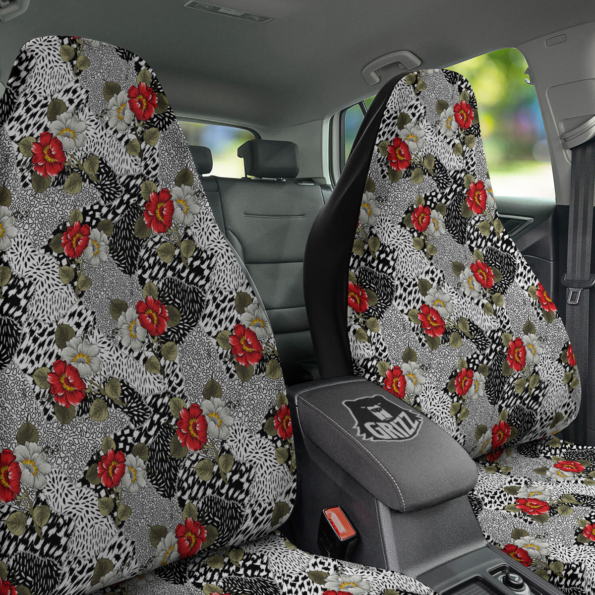 Patchwork Black White And Floral Print Pattern Car Seat Covers-grizzshop