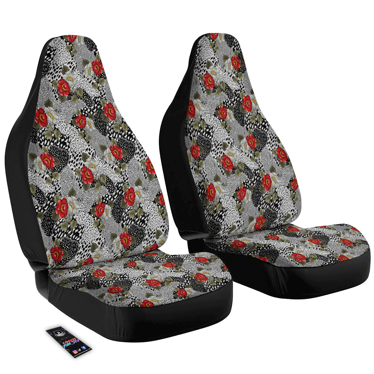 Patchwork Black White And Floral Print Pattern Car Seat Covers-grizzshop