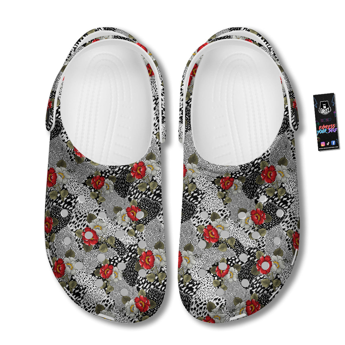 Patchwork Black White And Floral Print Pattern Clog-grizzshop