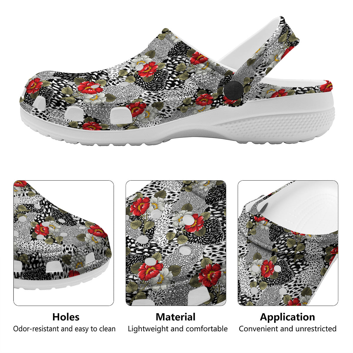 Patchwork Black White And Floral Print Pattern Clog-grizzshop