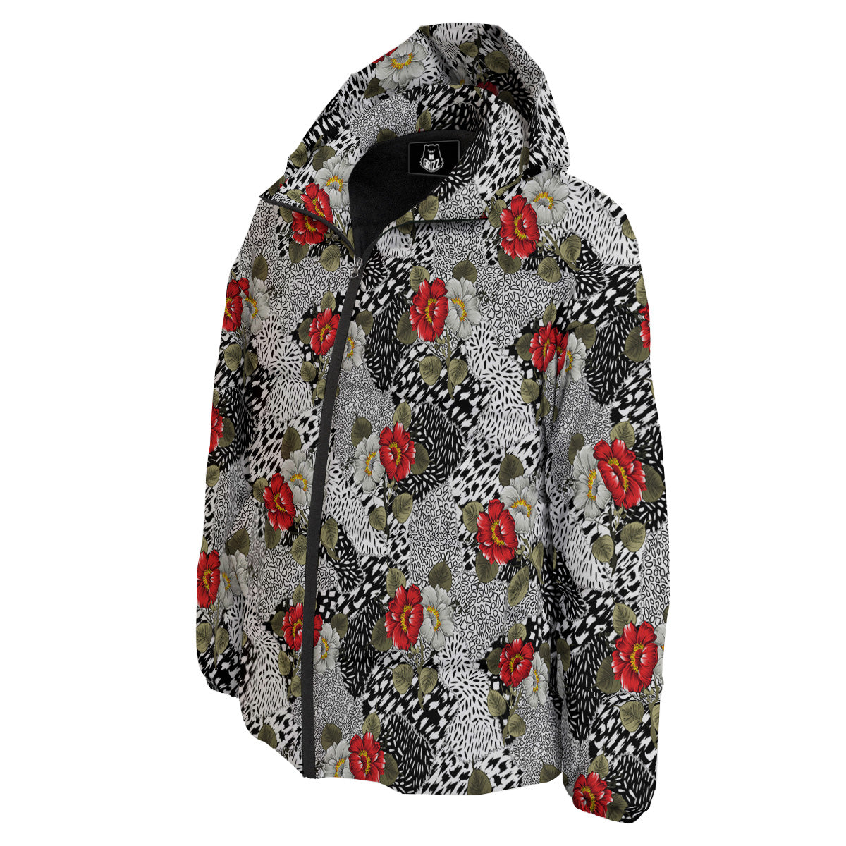 Patchwork Black White And Floral Print Pattern Down Jacket-grizzshop