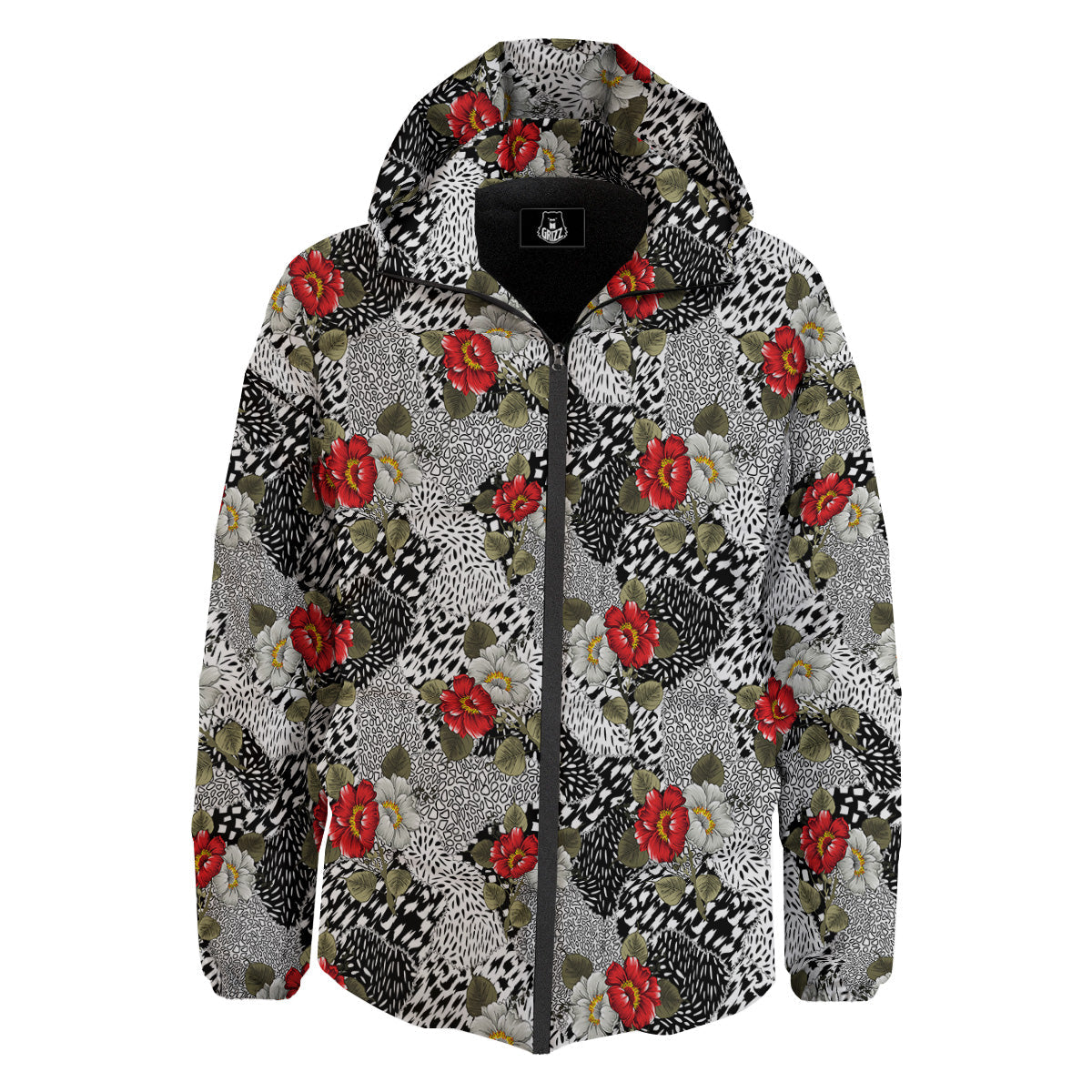 Patchwork Black White And Floral Print Pattern Down Jacket-grizzshop