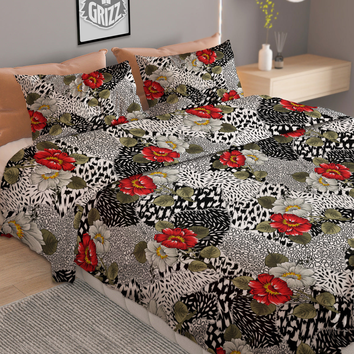Patchwork Black White And Floral Print Pattern Duvet Cover Bedding Set