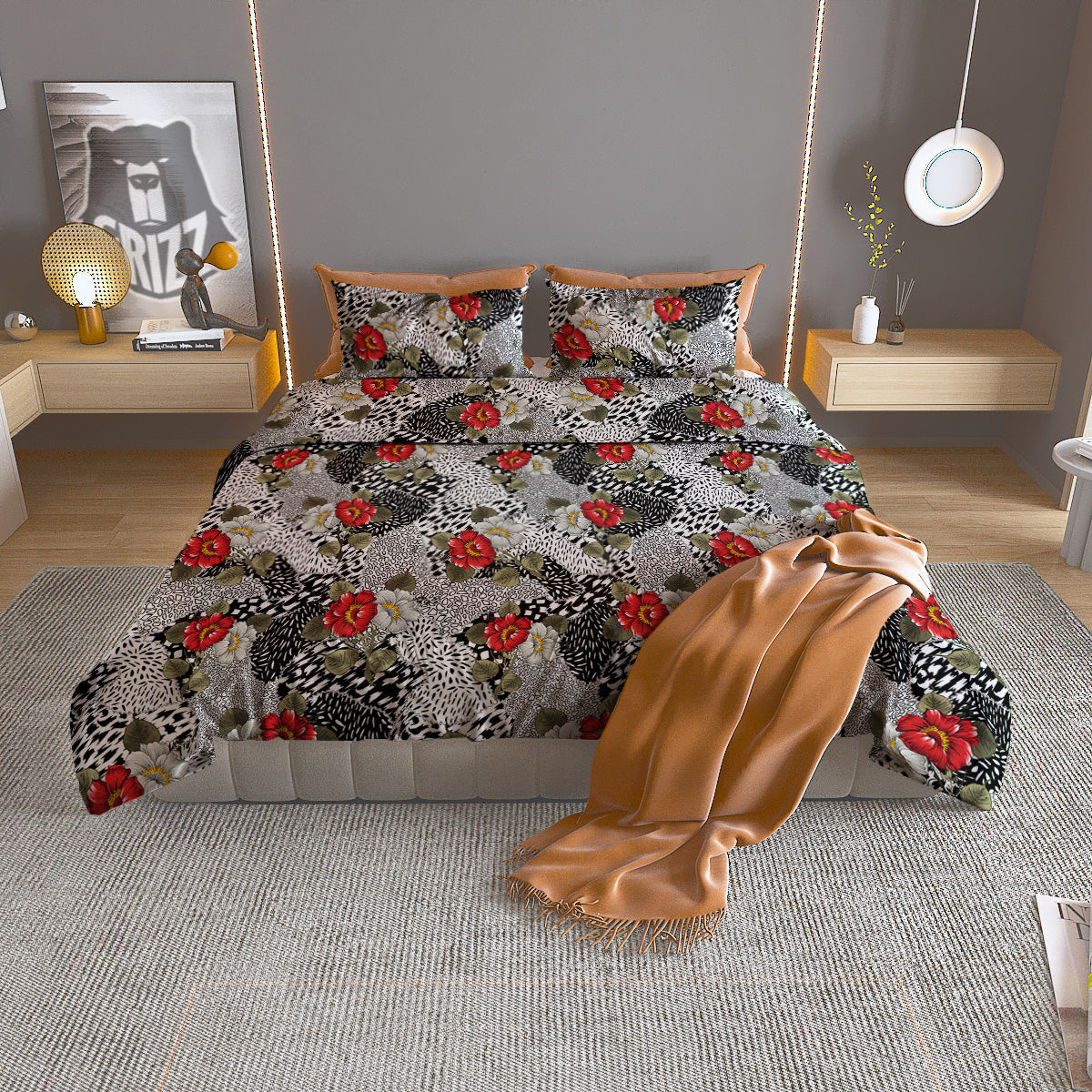 Patchwork Black White And Floral Print Pattern Duvet Cover Bedding Set