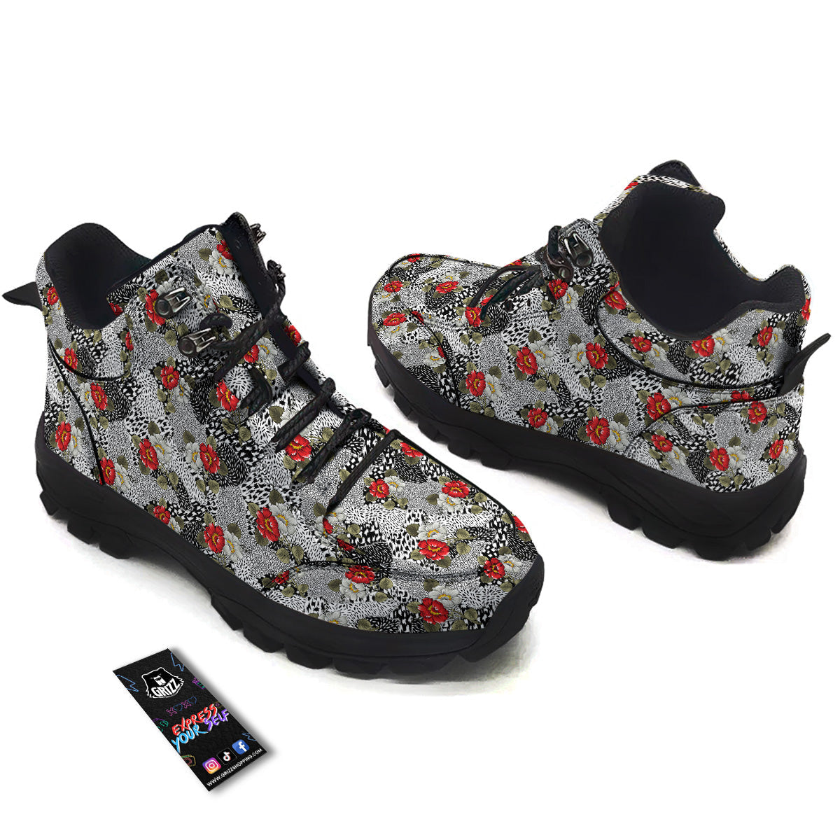 Patchwork Black White And Floral Print Pattern Hiking Shoes-grizzshop