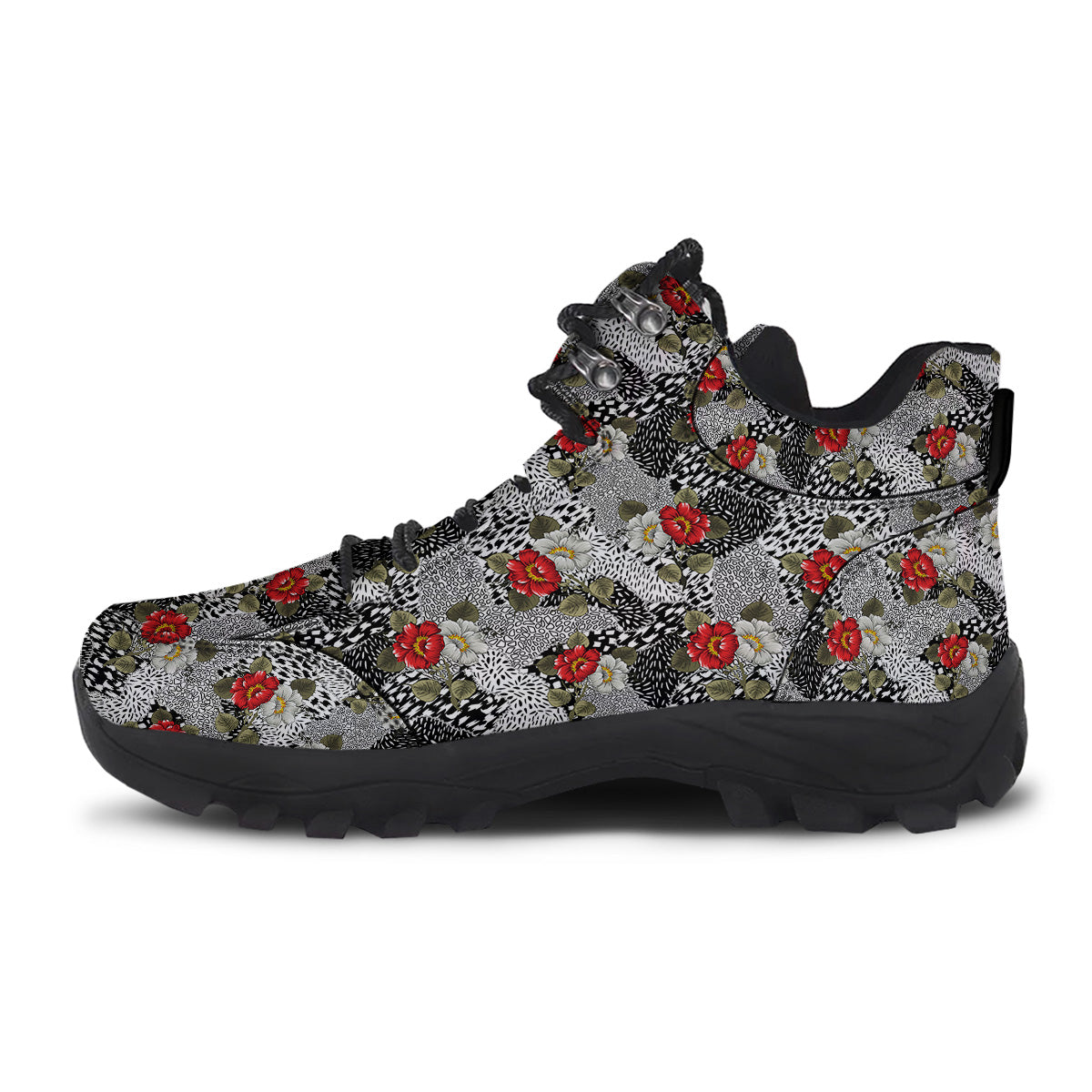 Patchwork Black White And Floral Print Pattern Hiking Shoes-grizzshop