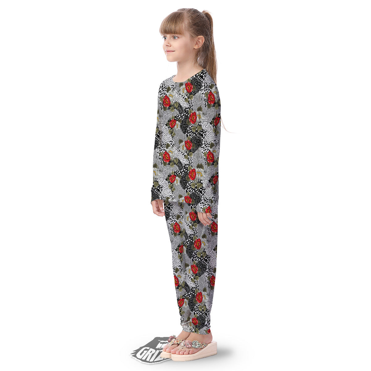 Patchwork Black White And Floral Print Pattern Kid's Pajamas-grizzshop