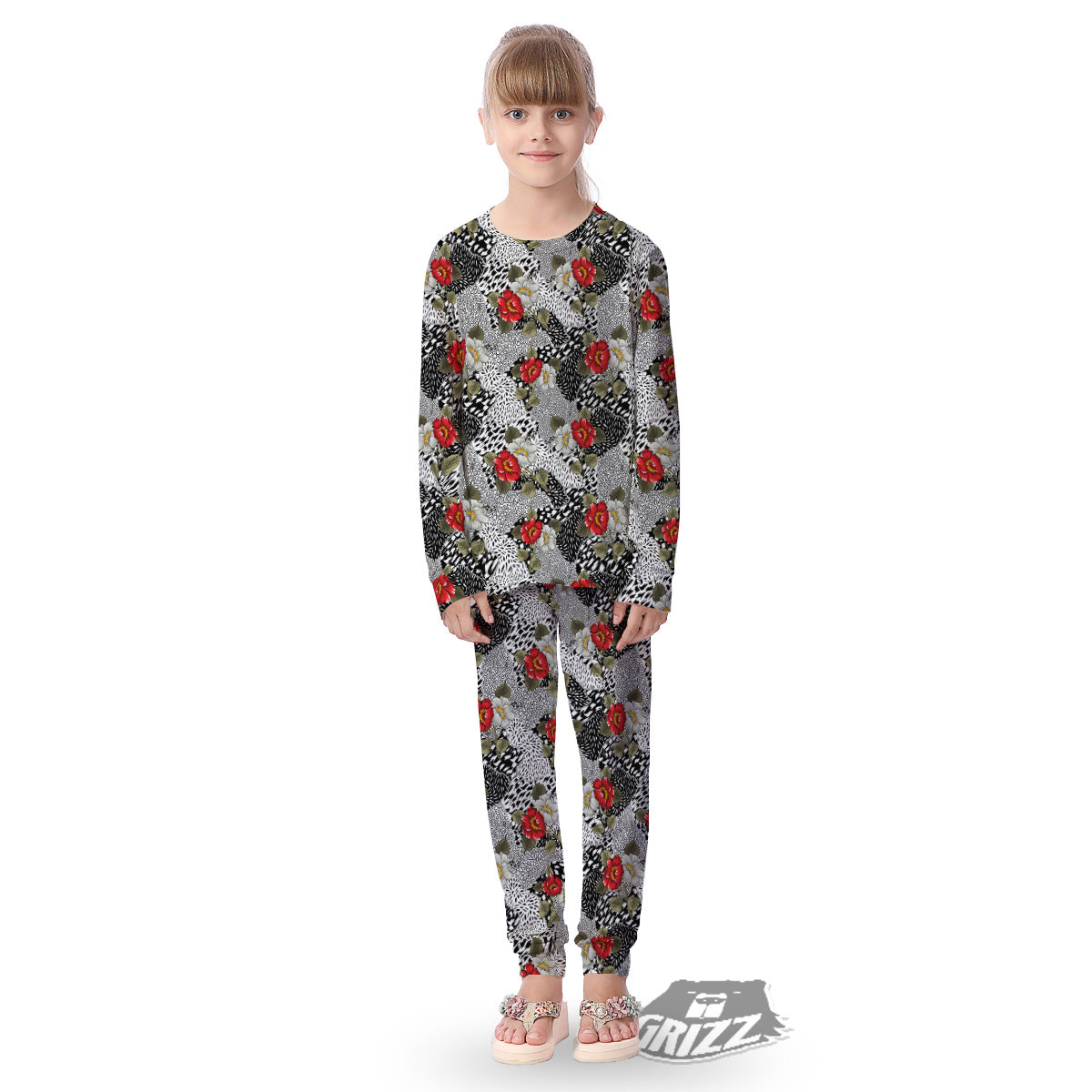 Patchwork Black White And Floral Print Pattern Kid's Pajamas-grizzshop