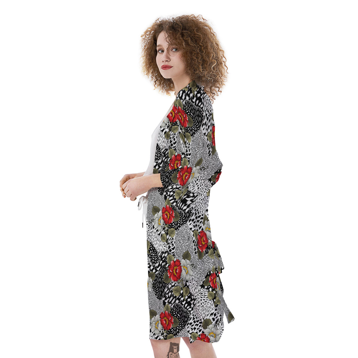 Patchwork Black White And Floral Print Pattern Kimono-grizzshop