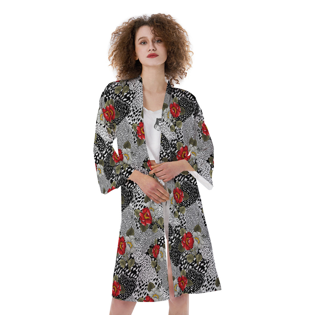 Patchwork Black White And Floral Print Pattern Kimono-grizzshop