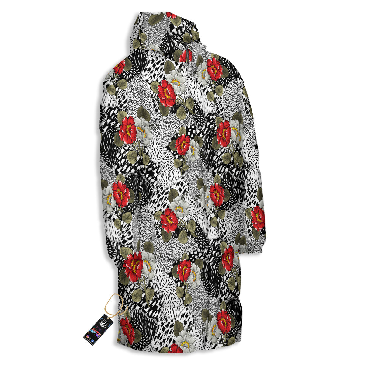 Patchwork Black White And Floral Print Pattern Long Down Jacket-grizzshop