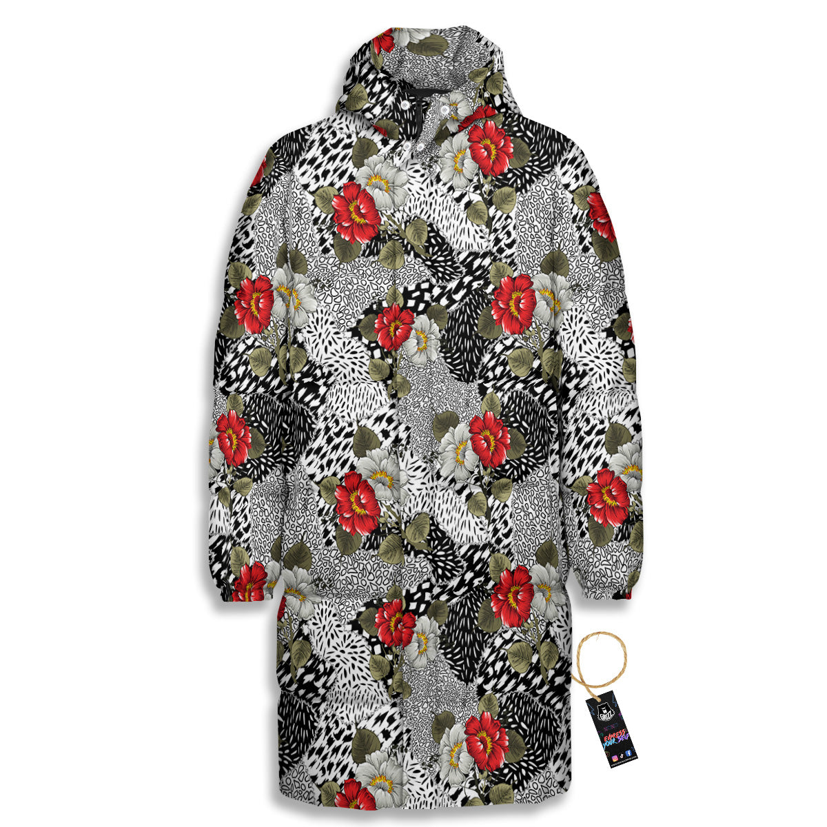 Patchwork Black White And Floral Print Pattern Long Down Jacket-grizzshop