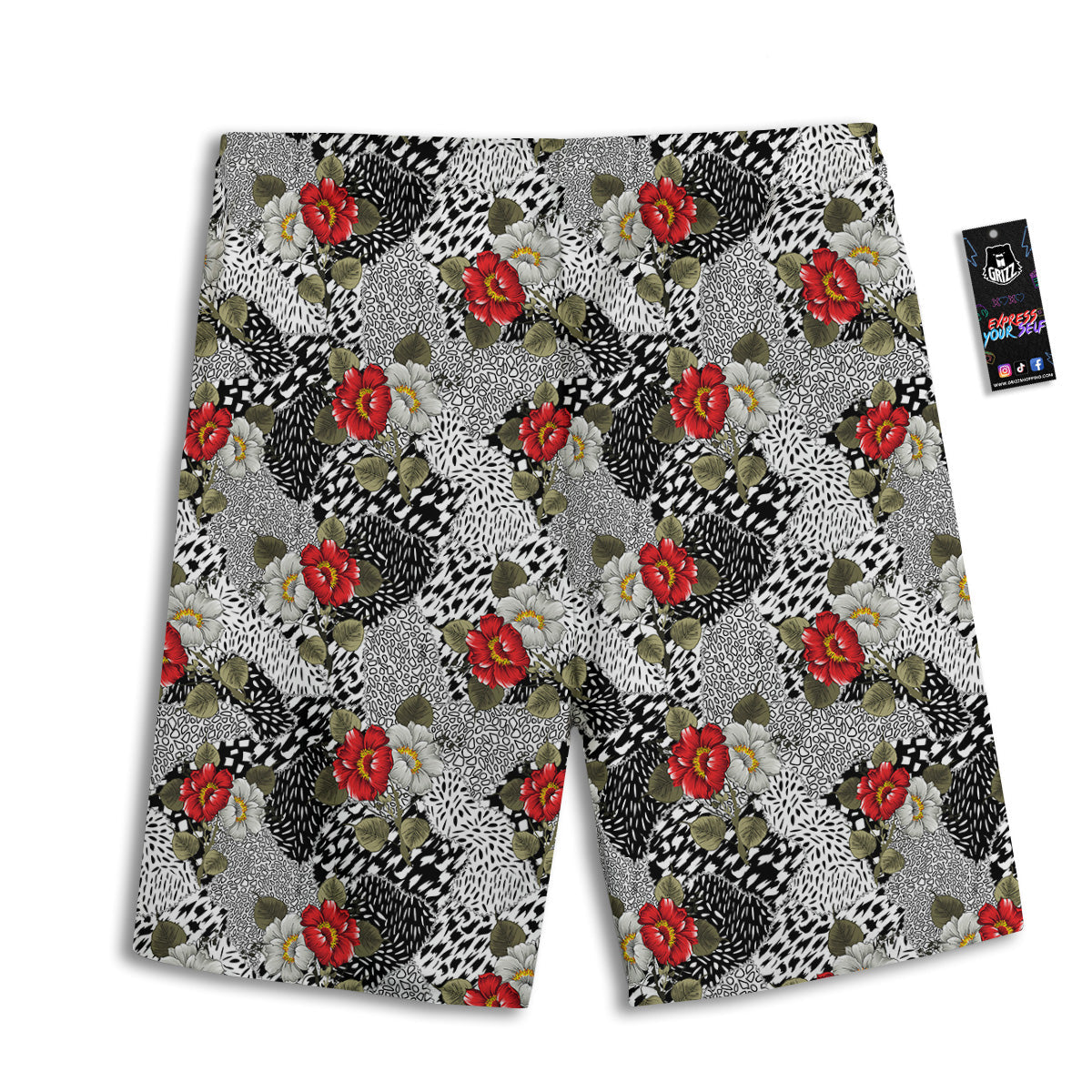 Patchwork Black White And Floral Print Pattern Men's Athletic Shorts