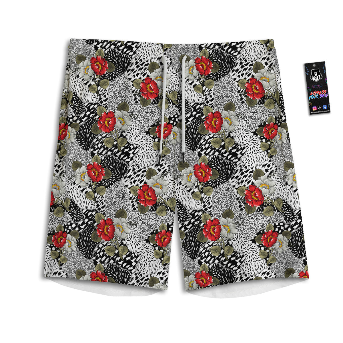 Patchwork Black White And Floral Print Pattern Men's Athletic Shorts