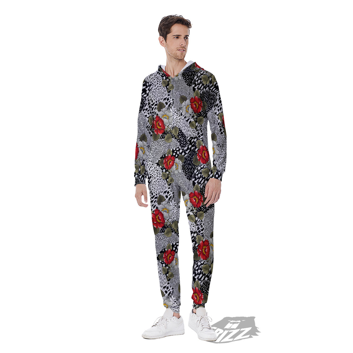 Patchwork Black White And Floral Print Pattern Men's Jumpsuit-grizzshop