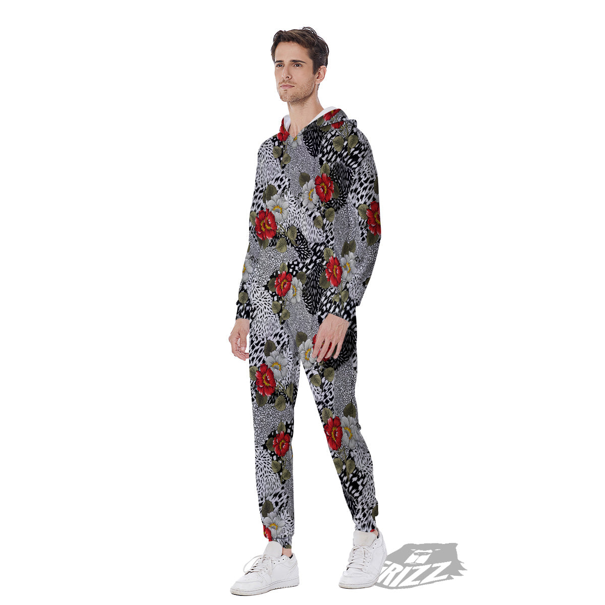 Patchwork Black White And Floral Print Pattern Men's Jumpsuit-grizzshop