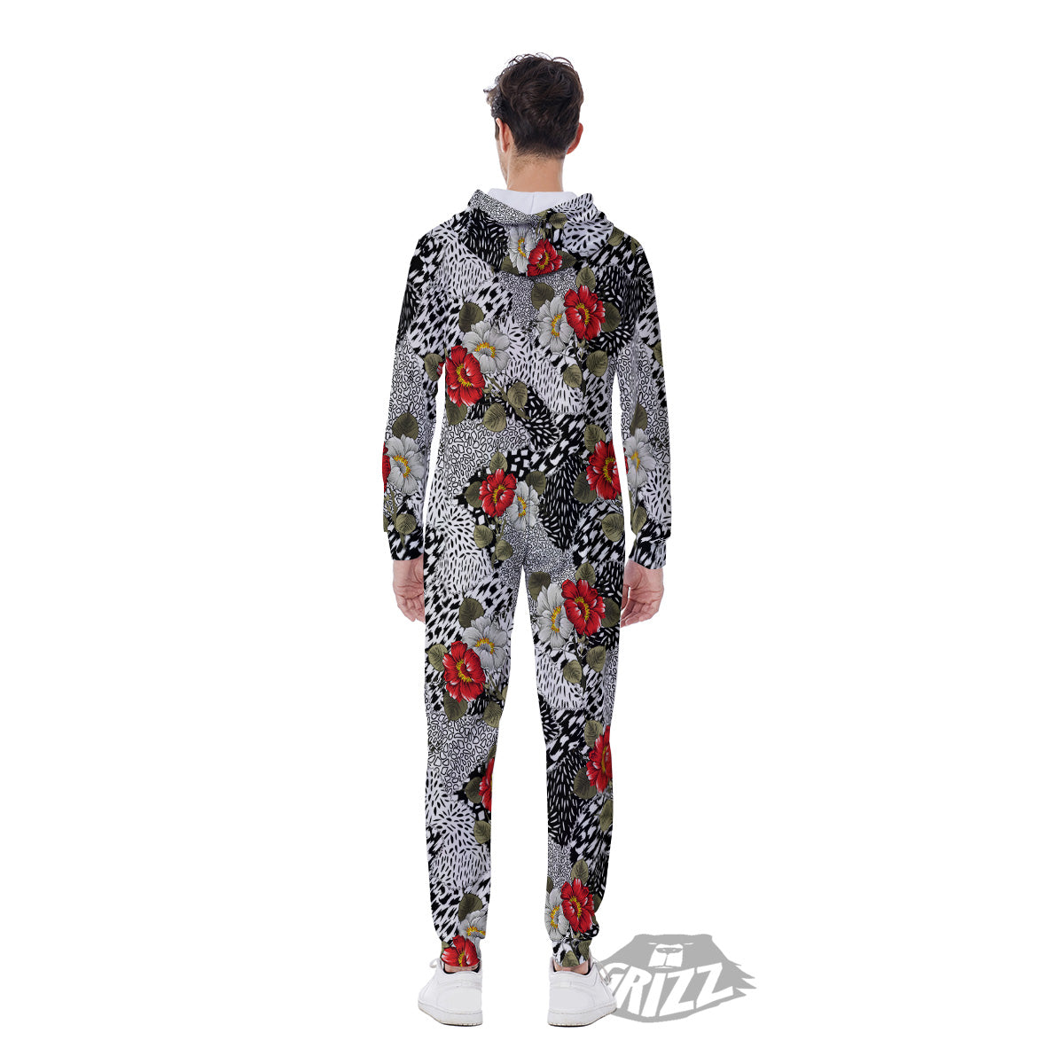 Patchwork Black White And Floral Print Pattern Men's Jumpsuit-grizzshop