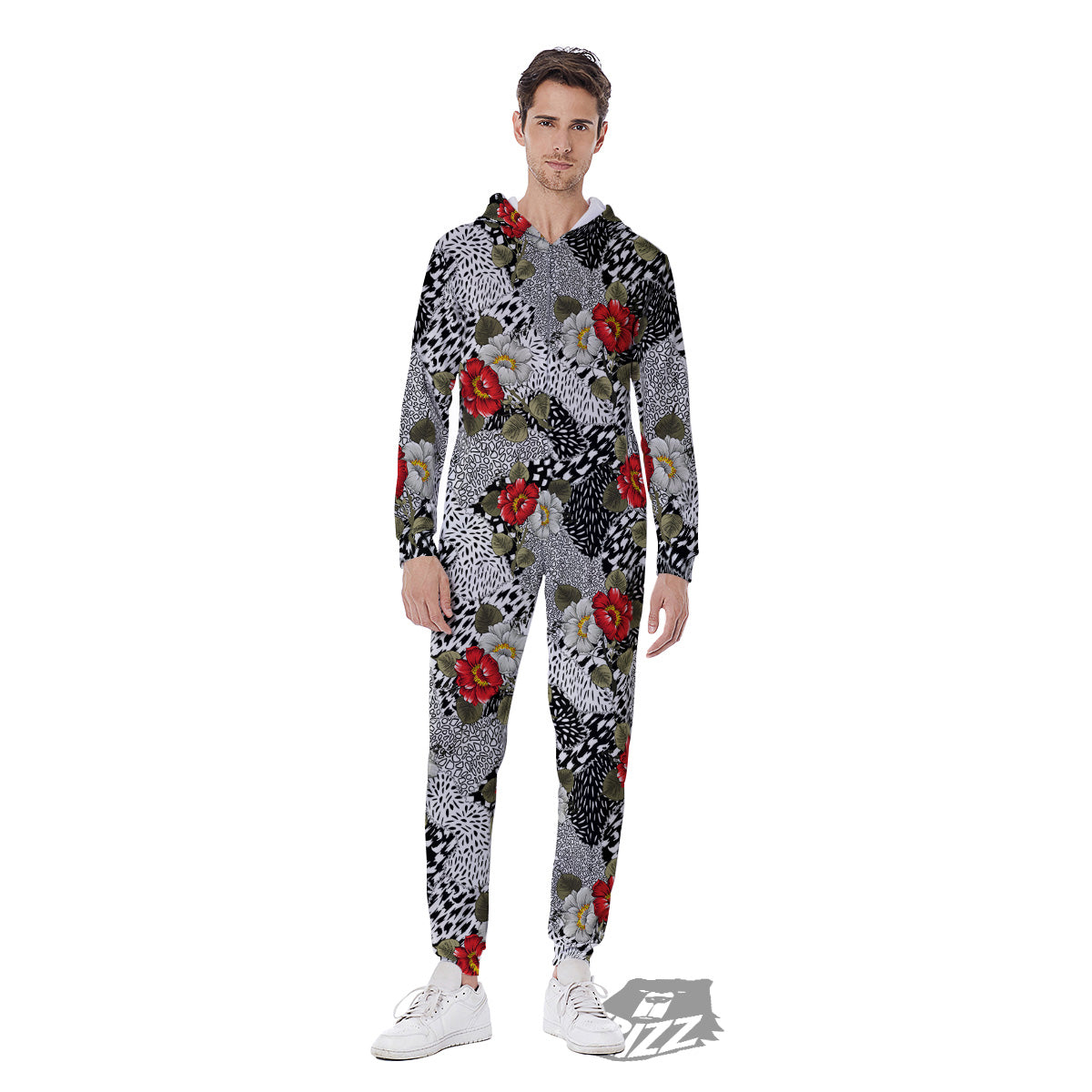 Patchwork Black White And Floral Print Pattern Men's Jumpsuit-grizzshop
