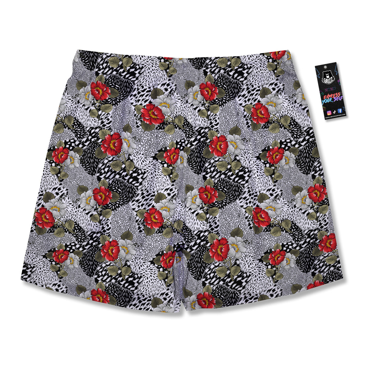 Patchwork Black White And Floral Print Pattern Men's Running Shorts-grizzshop