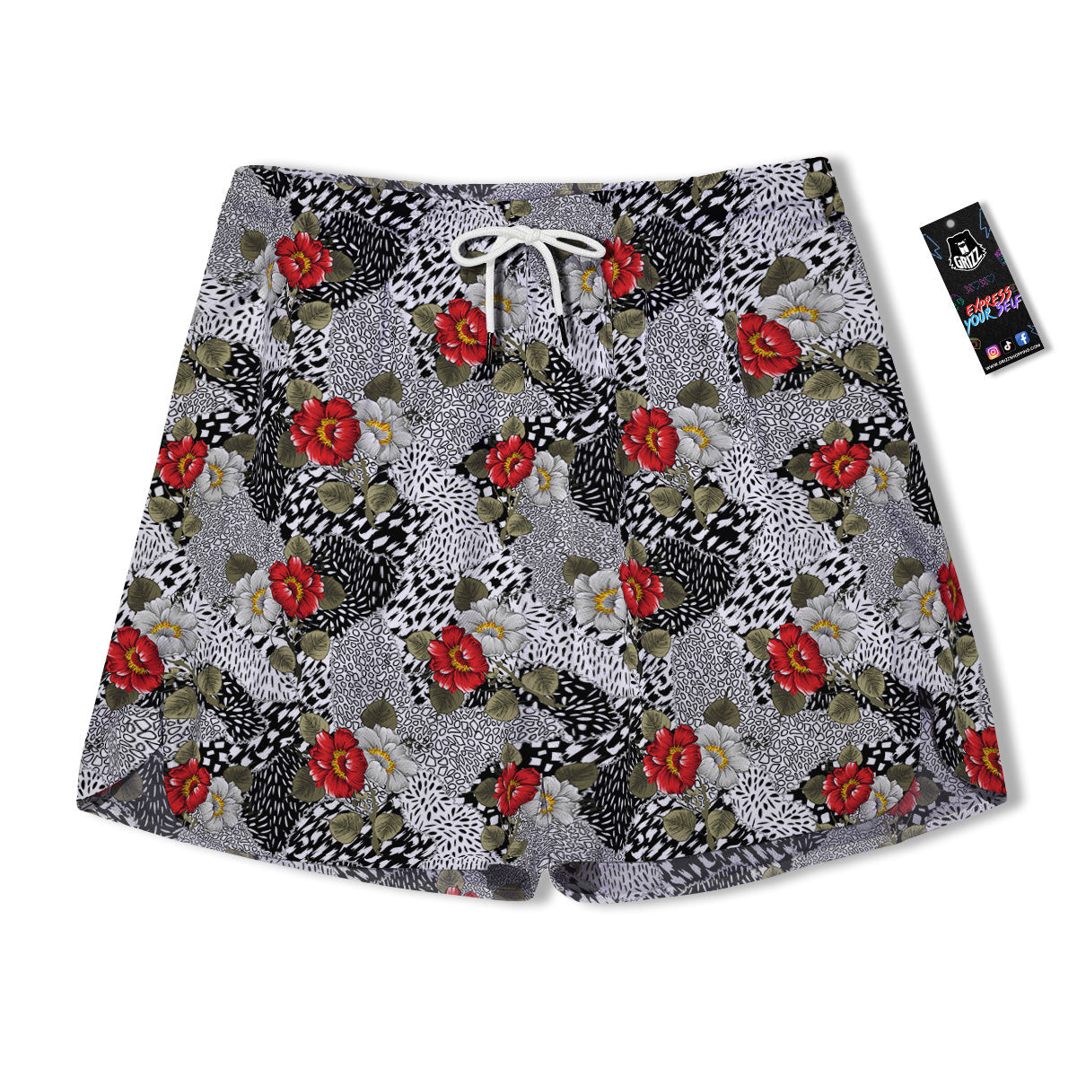 Patchwork Black White And Floral Print Pattern Men's Running Shorts-grizzshop