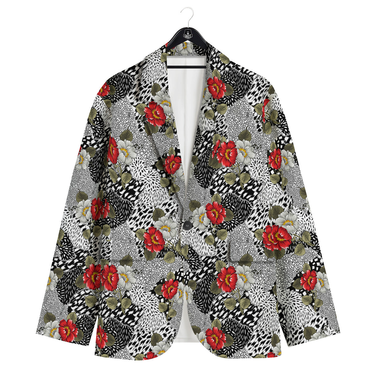 Patchwork Black White And Floral Print Pattern Men's Sport Coat-grizzshop