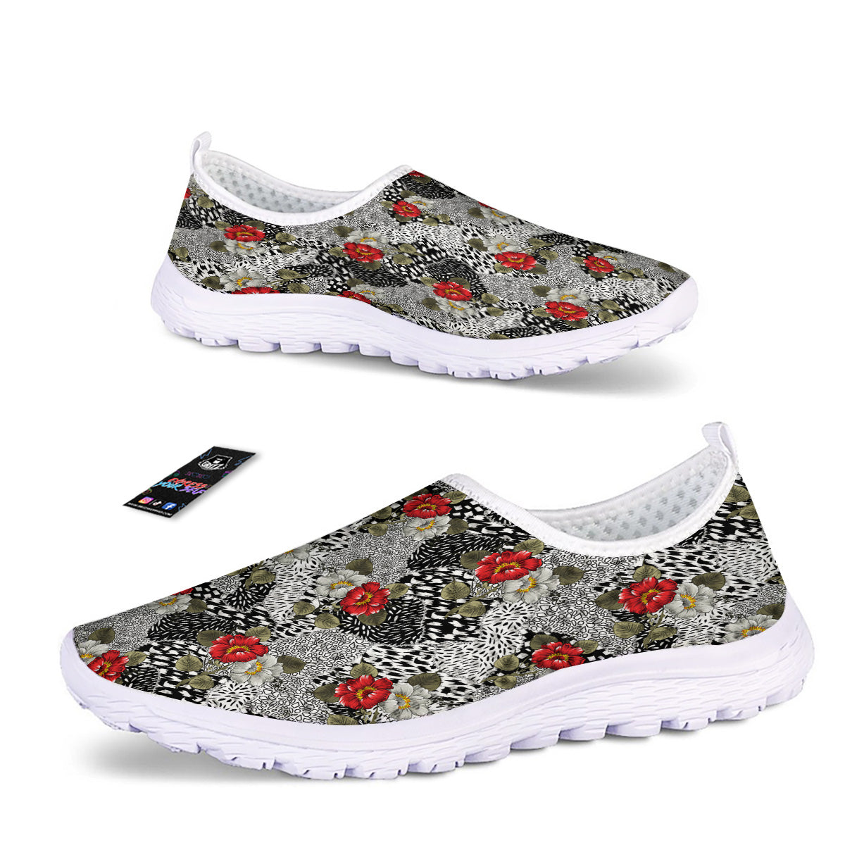Patchwork Black White And Floral Print Pattern Nurse Shoes-grizzshop