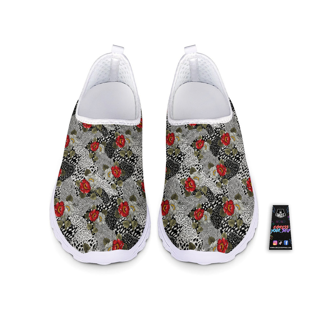 Patchwork Black White And Floral Print Pattern Nurse Shoes-grizzshop