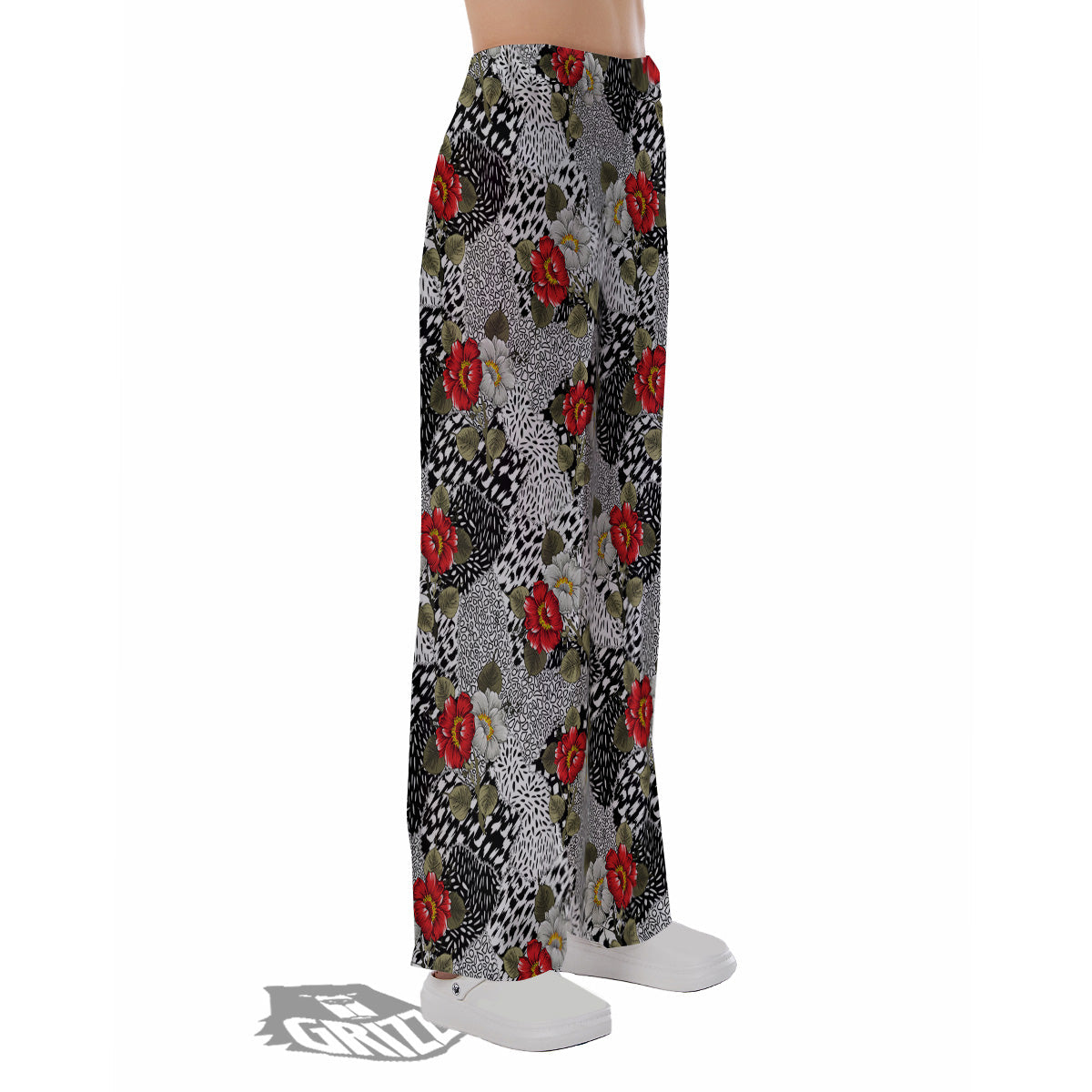 Patchwork Black White And Floral Print Pattern Pajama Pants-grizzshop