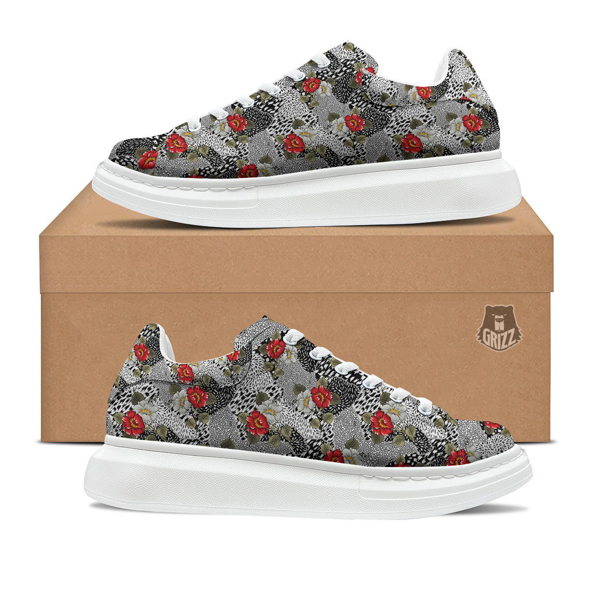 Patchwork Black White And Floral Print Pattern Platform Shoes-grizzshop