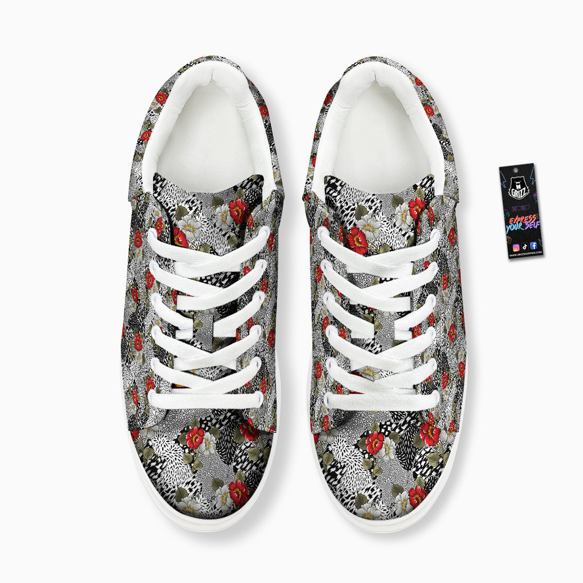 Patchwork Black White And Floral Print Pattern Platform Shoes-grizzshop