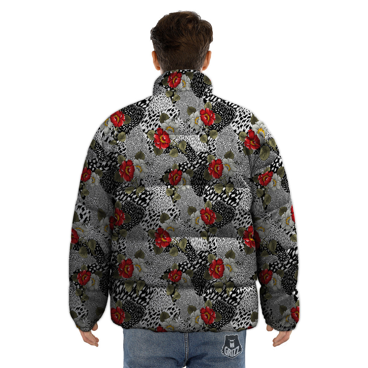 Patchwork Black White And Floral Print Pattern Puffer Jacket-grizzshop